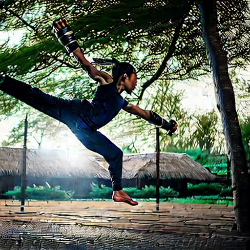 Prompt: (Hyperrealistic highly detailed sharp full body photography of ebonian martial artist woman doing a flying kick) strong-willed, deeply focused, skilled, athletic, strong, agile, fast. Perfect body. Sweat. Jump. Kick. (Flying kick stance). Traditional clothes. Old, tribal training ground. Broken wooden training dummies. Dark night. Dim light. Traditional. Kung-fu. Remanent Speed effect. Anatomically correct. Perfect body.