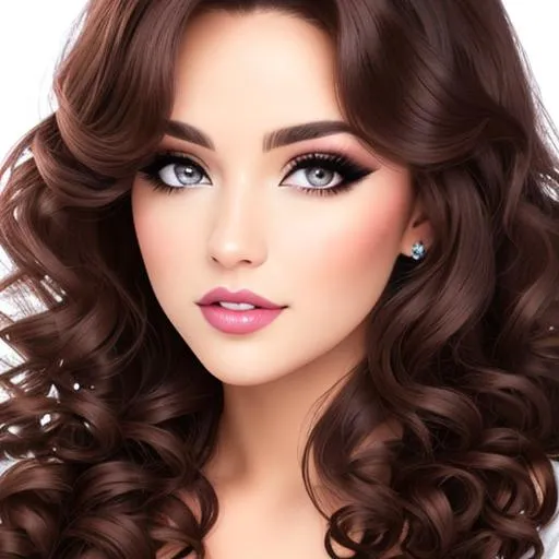 Prompt: An attractive young woman wearing heavy makeup, long curly hair, closeup