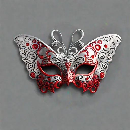 Prompt: Silver and Red masquerade mask in the shape of a butterfly