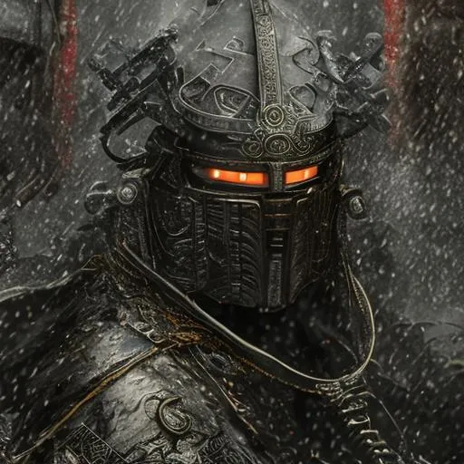 Prompt: HDR, professional, 8k, best version, masterpiece, faceless samurai with black armor black full face helmet black katana standing in the rain, Dark art, hyperdetailed intricately detailed , unreal engine, other worldly, intricate detail, dark colors , 8k, masterpiece, heavy strokes, doom eternal, standing