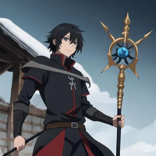 Prompt: Medieval black haired anime boy with staff 