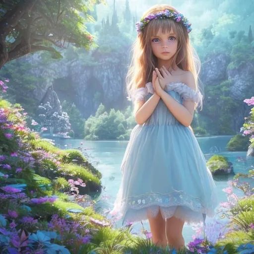 Prompt: Female princess, brown hair, blue eyes, princess in a light blue dress, shimmering blue dress, white skined female princess, standing in the forest, castle visible in the distance, below the forest a blue lake , blue lake, lush green forest, castle in the distance, realistic art, realistic nature, nature photography, flowers and grass on the ground, young girl in a blue dress, white skin girl with brown hair, princess, realistic art