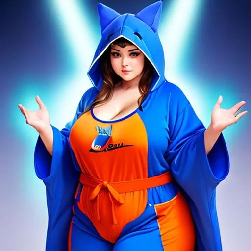 Prompt: full character in view, oil painting, UHD, hd , 8k, , hyper realism,   Very detailed, zoomed out view, standing fat beauty female character that is blue cat onesie with a cat hood,  wearing an orange kimono over top her pajama's and is summoning lighting