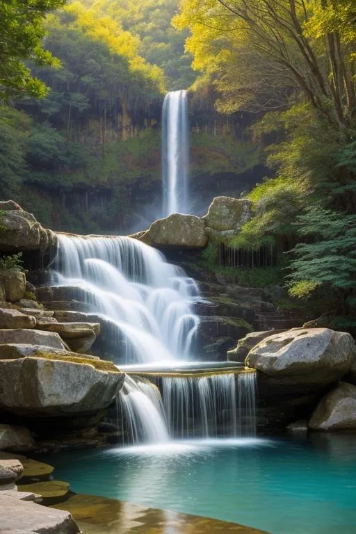 Prompt: An atmospheric and awe-inspiring scene of a breathtaking waterfall cascading into a serene, serene pool. A calm, golden sky stretches out above, casting long shadows and creating an atmosphere of tranquility and harmony. The water's surface is crystal clear and perfectly round, displaying the gentle flow and clarity of the liquid, which diffuses through the surrounding rocks and roots. Soft, warm light illuminates the scene, casting a warm glow on the waterfall and illuminating the waterfall's intricate patterns and hues. wide-angle lens, soft lighting, long exposure by Steve McCurry by Peter Lik