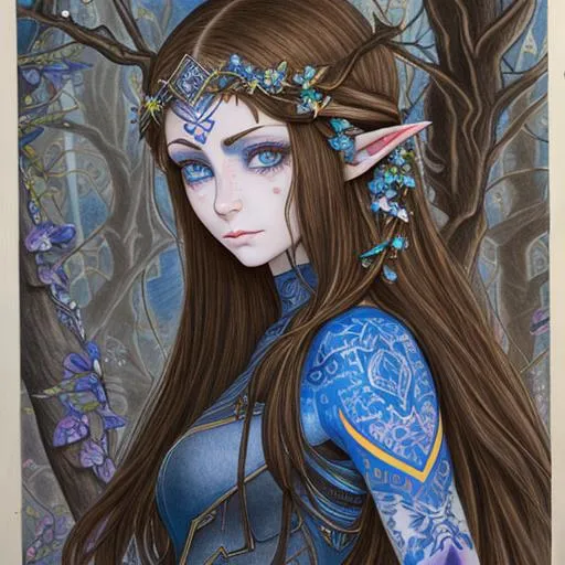 Prompt: hand-drawn colored pencil drawing, 
detailed, portrait, adult hexblood female elf with long dark brown brunette hair, with pale blue skin covered in light purple detailed magical tattoos, green eyes, with small delicate brown twigs growing from her temples and wrapping around the back of her head, small smile, fantasy, fey