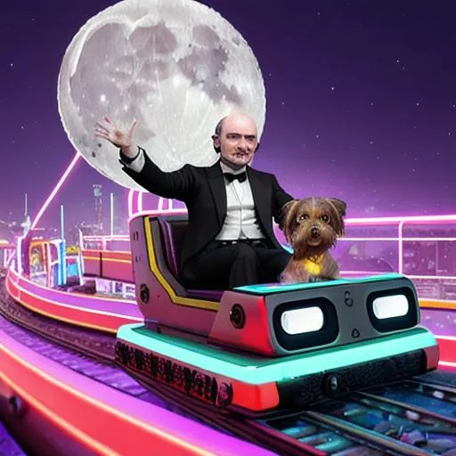 Prompt: image of cyborg Thomas hobbes with robot yorkie terrier on roller coaster, aliens and moon, beams of neon rays, ai render, smoke, water and ice, black mirror, time lapse