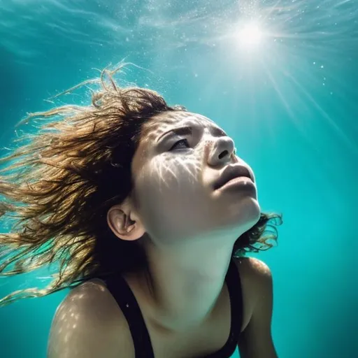 Prompt: woman looking upwards from deep clear underwater at the sun