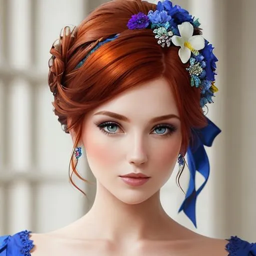 Prompt: Beautiful woman portrait wearing blue, elaborate updo hairstyle,auburn hair, adorned with flowers