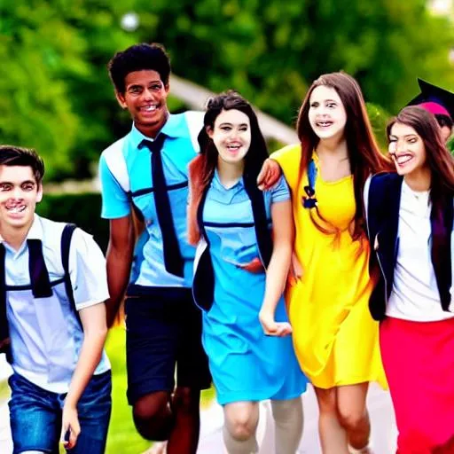 Prompt: College friends  boys and girls going to college in colour dress