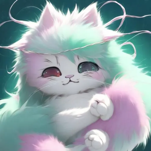 Prompt: In anime art, a cat with a mix of carnation pink and mint green fur, a string hanging off of the tip of both ears, and the string has a fluffy ball hanging from it, the cat has a fluffy tail, and she is sleeping.