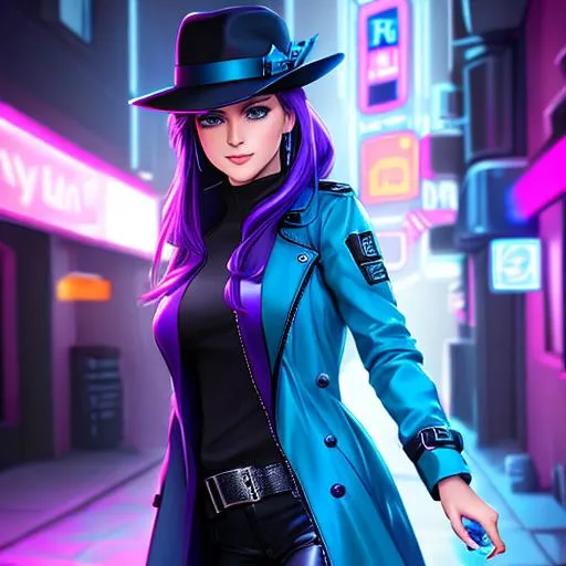 Prompt: 4K, 16K, picture quality, high quality, highly detailed, hyper-realism, mysterious female undercover agent, same color blue anime eyes, smirking smile, fedora, dark blue long trench coat, blue, purple, grey, cyberpunk style, neon lights, dark purple ponytail hair with blue highlights, party, lights,  dark alley background