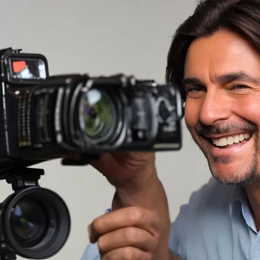Prompt: A side view Close up of a smiling man with long brown hair pointing a large video camera at an unseen object in the style of a photograph