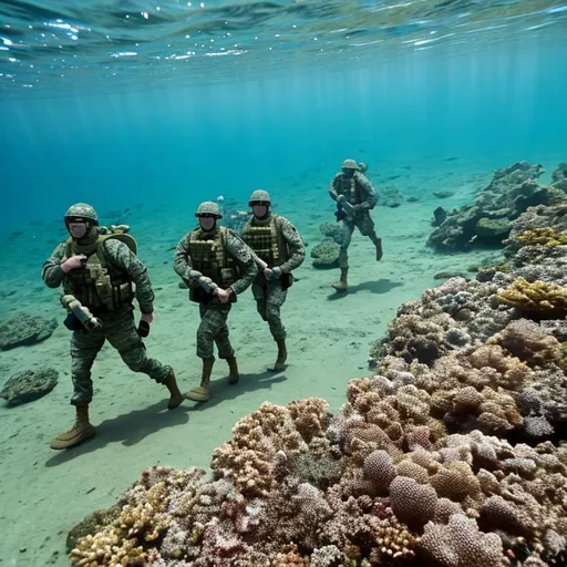 Prompt: Modern Military troops marching underwater. photo.