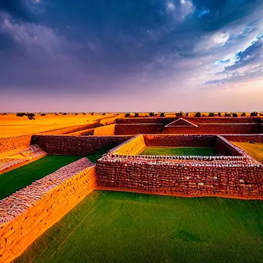 Prompt: long shot scenic professional photograph of {Mohin Jo Daro located in Sindh 5000 years old civilization}, perfect viewpoint, highly detailed, wide-angle lens, hyper realistic, with dramatic sky, polarizing filter, natural lighting, vivid colors, everything in sharp focus, HDR, UHD, 64K
