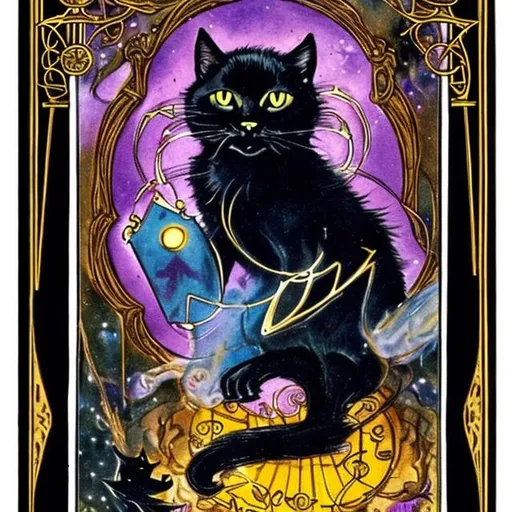 Prompt: Tarot reading beautiful black cat mysterieus in space