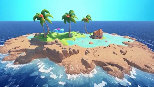 Prompt: create a cartoon island  on a middle of  the calm ocean, cartoon style