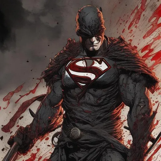 Prompt: Todd McFarlane ronin superman variant. Seppuku. muscular. dark gritty. Bloody. Hurt. Damaged. Accurate. realistic. evil eyes. Slow exposure. Detailed. Dirty. Dark and gritty. Post-apocalyptic. Shadows. Sinister. Intense. 