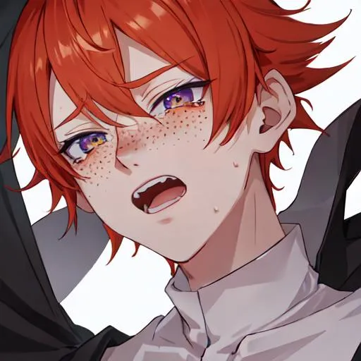 Prompt: Erikku male adult (short ginger hair, freckles, right eye blue left eye purple) UHD, 8K, Highly detailed, insane detail, best quality, high quality,  anime style, in purgatory, yelling, upset, crying out for help