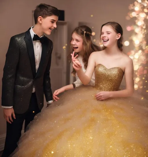 Prompt: 16 year old boy in a tuxedo pointing his magic wand at jar as the 16 year old girl is amazed as a big red super puffy and sparkly ball gown appears on her as gold sparkly magic flys all around her