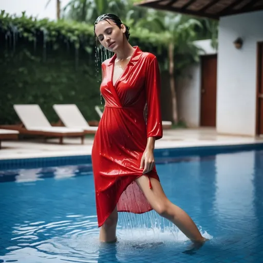 Prompt: photo of young woman, soaking wet clothes, heels, bare, mid-length red dress,  , swimming pool,   enjoying, water dripping from clothes, clothes stuck to body,  detailed textures of the wet fabric, wet face, wet plastered hair,  wet, drenched, professional, high-quality details, full body view.