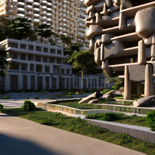 Prompt: Modernised precolonial congolese sculpture incorporated into a modern city using rare Congolese minerals volumetric natural light, ultra realistic, vray, far view, perspective landscape