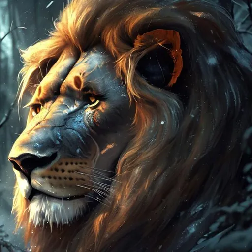 Prompt: A sad lion creature is crying because of losing someone,  hard lighting, photorealistic, cold colors, 1920x1080.  