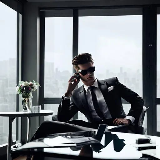 Prompt: a rich man in a black suit looking outside the window, stud, money in table 