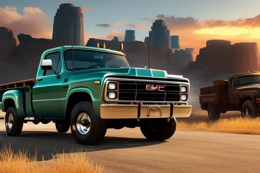 Prompt: A wide angle longshot of Vintage GMC Trucks at a jobsite 