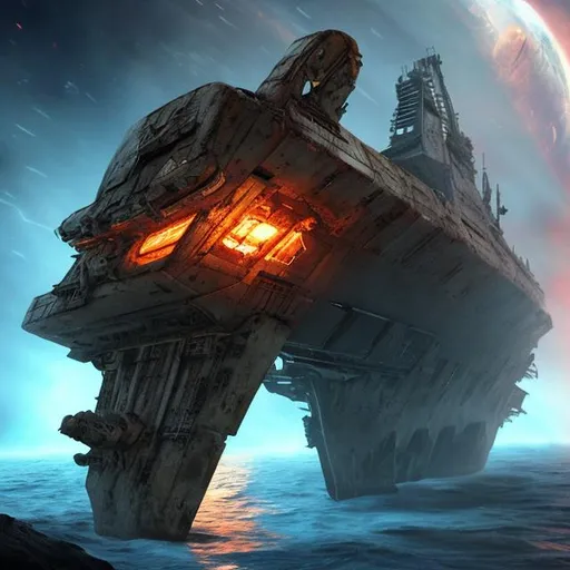 Prompt: star ship wreck war ancient beam fire horror rotting old 