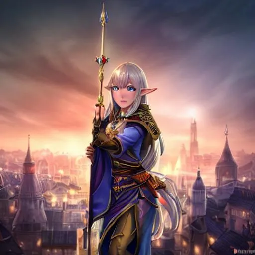 Prompt: Background city at night, 2D Render, POV front half body, Animated with High Elf Noble, Enhanced detailed with Lord of Rings with Longbow
