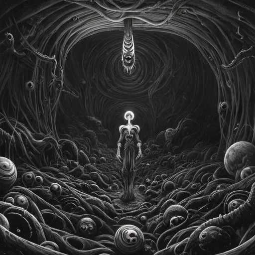 Prompt: Dark open galactic space void filled with dread, Junji Ito style, detailed cosmic horror, high detail, black and white, eerie lighting, surreal void, haunting atmosphere, intense shadows, unsettling shapes and forms, best quality, highres, ultra-detailed, cosmic horror, Junji Ito style, dark tones, surreal, eerie lighting