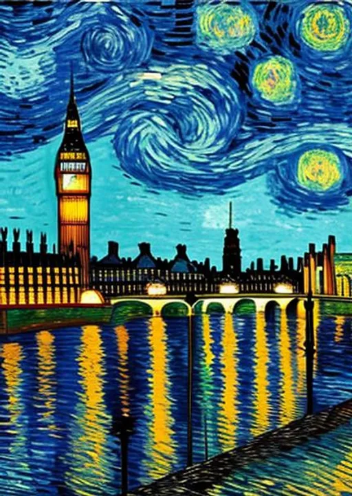 Prompt: london skyline, big ben and the shard, in van Gogh art style