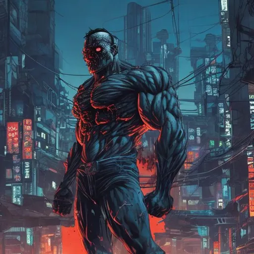 Prompt: muscular masked villain. Blood spatters. Very Dark image with lots of shadows. Background partially destroyed neo Tokyo. Noir anime. Gritty. Dirty. Blue and orange Neon accents