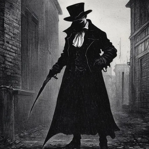 Prompt: Jack the ripper looking down. face invisible at night almost black. Extreme realism. Hat covering his face