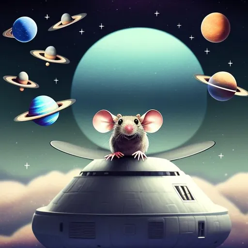 Prompt: mouse rodent in starry space with moon planets ufo ship