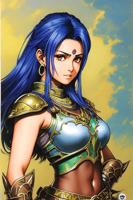 Prompt: Dragon Quest 3 Concept art (((Yoji Shinkawa))), sticker of ultra detailed portrait of Sadaf Mohammed Sayed  (Indian actress who mainly appears in Telugu, Tamil, and Kannada films)in blue holy armor,  high quality cell shaded illustration in post apocalyptic style by Yoji Shinkawa, ((full body portrait)), dynamic pose, perfect anatomy, centered, freedom, soul, blue long hair, approach to perfection, cell shading, 4k , cinematic dramatic atmosphere, watercolor painting, global illumination, detailed and intricate environment, artstation, concept art, fluid and sharp focus, volumetric lighting, cinematic lighting, Art by Yoji Shinkawa,