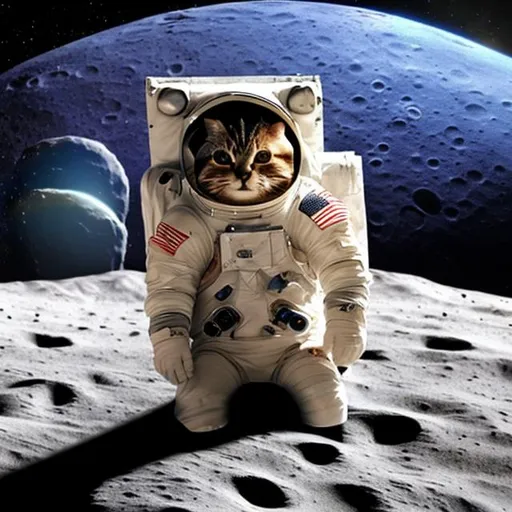 Prompt: a cat in a spacesuit that is sitting on the moon with earth in the background