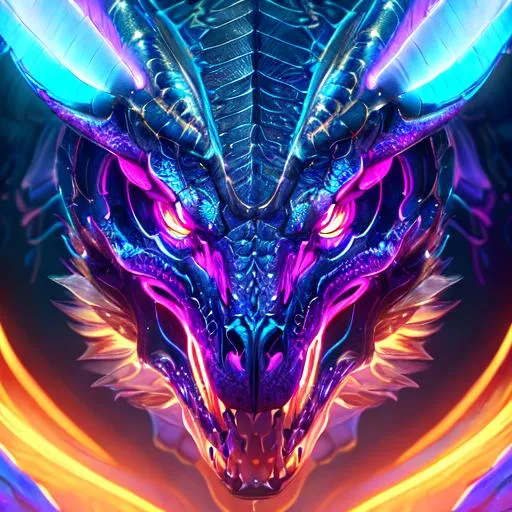 Portrait of a roaring neon skeleton dragon with irid... | OpenArt