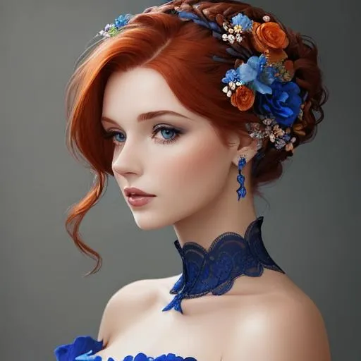 Prompt: Beautiful woman portrait wearing blue, elaborate updo hairstyle,auburn hair, adorned with flowers