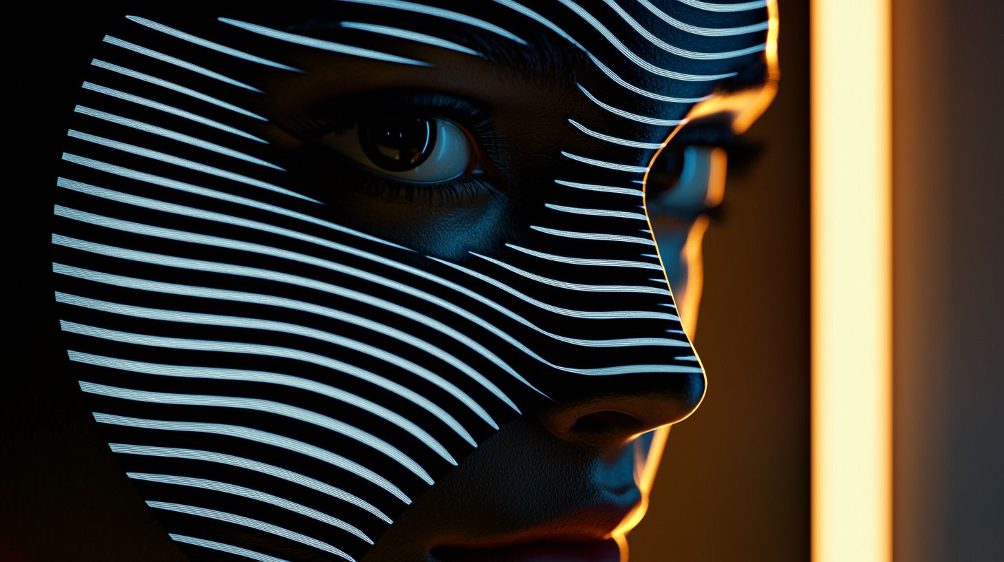 Prompt: Digital art of a face patterned with black and white stripes, where the surface mirrors chrome reflections. The scene is enhanced by quantum wavetracing, offering a unique visual experience. The backdrop blends light bronze and dark blue, alluding to a multimedia installation with strong futurist influences. Certain features stand out with selective focus.