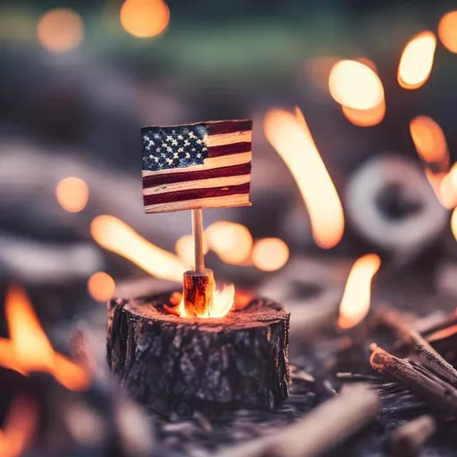 Prompt: tiny wooden 4th of July, friends, campfire, fireworks, at night