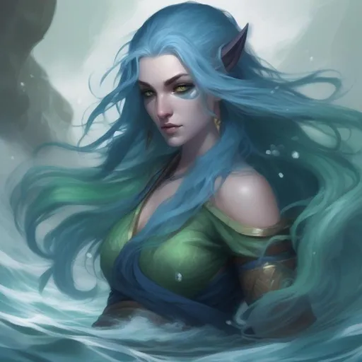 Prompt: dnd a female genasi with pale blue skin and dark blue and green hair flowing water