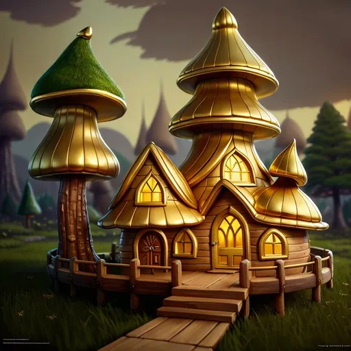 Prompt: Beautiful Serene gold and wooden mushroom gnome house with Elaborate Architecture, 4D 8k Resolution, hyperrealism, detailed painting, deviantart, trending on artstation, unreal engine, Cinematic, Beautiful Lighting, Cel-shaded, depth,