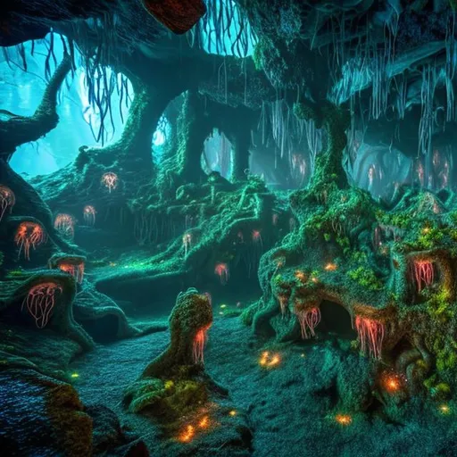 Prompt: fantasy style art  underground cave with fungal vines spreading from deeper into the cave