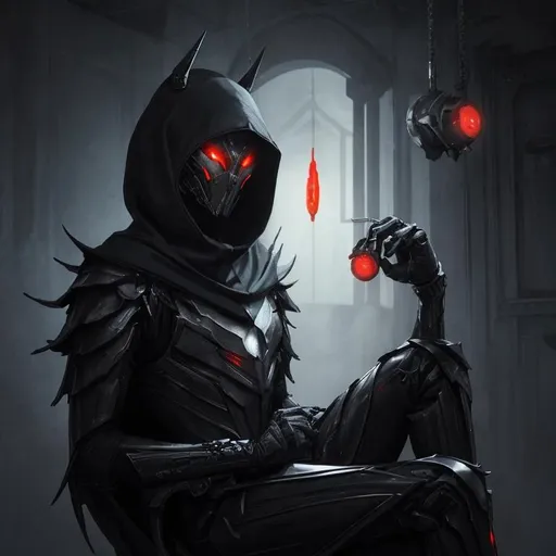 Prompt: An abnormally tall and lanky male humanoid hunched forward in nanotech armor with spines and metal protrusions. he has a black cape and is sitting ominously on a floating mechanical chair. his face is covered with a metal mask with beady glowing red eyes under a black hood. behance HD