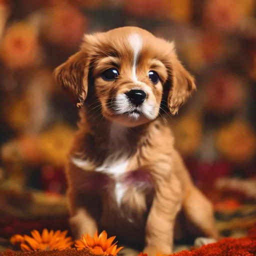Prompt: A cute little puppy in a boutique of autumn colored flowers looking at the camera 
