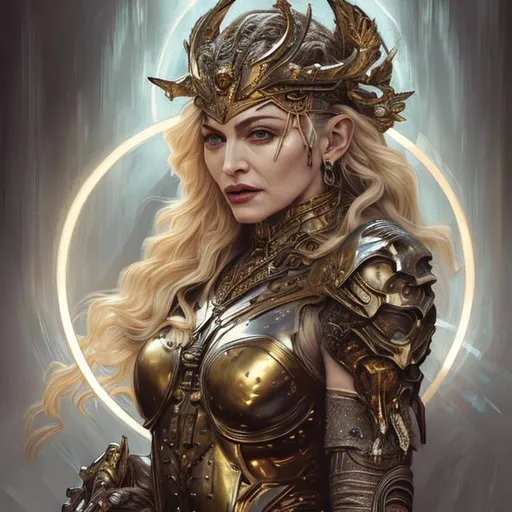 Prompt: Madonna as a powerful mysterious warrior princess, full body, stunning body, casting lightning magic, detailed clothing, digital painting, hyperrealistic, fantasy, Surrealist, full body, by Stanley Artgerm Lau and Alphonse Mucha, artstation, highly detailed, sharp focus, sci-fi, stunningly beautiful, dystopian, iridescent gold, cinematic lighting