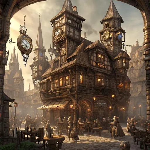 Prompt: A large tavern and inn in a medieval fantasy steampunk town, first-person view, medium distance, large central clock-tower, buildings covered in clocks and gears, detailed digital art, hyper realistic