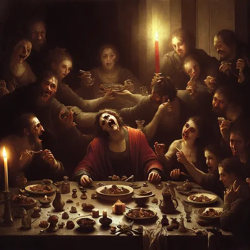 Prompt: Hunger, Devil, Plague and War at the single dinner table in pesant house, feasting, the host is laughing, broken things everywhere, candle light, darkness, harsh lighting, classical painting, Bouguereau style.
