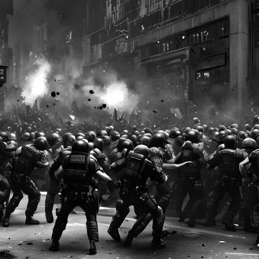 Prompt: monochrome, scifi, violent riot, police shield wall, crowds, urban fighting